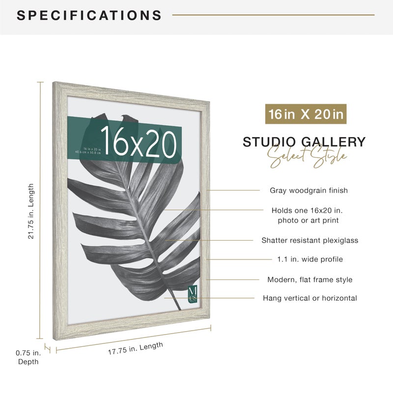 MCS Studio Gallery 16x20 Poster Frame Gray Woodgrain Engineered Wood, Vertical & Horizontal Wall Hanging Large Picture Frame for Photos, Posters & Art Prints (1-Pack) - Image 4